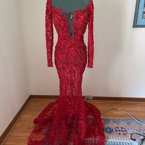 Albina Dyla  Evening Gown, red lace with crystals